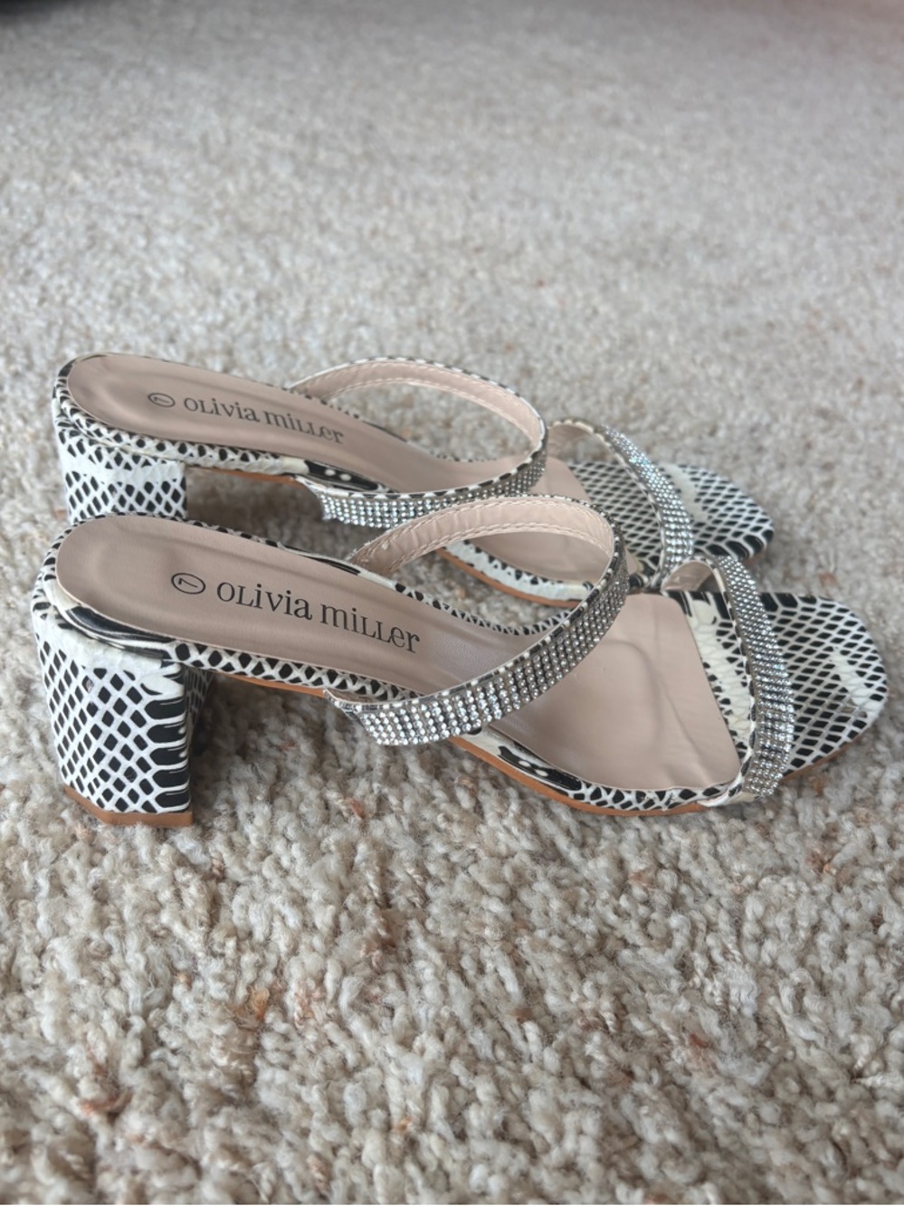 Olivia Miller White and Black Snakeskin Rhinestone Block Heel Sandals